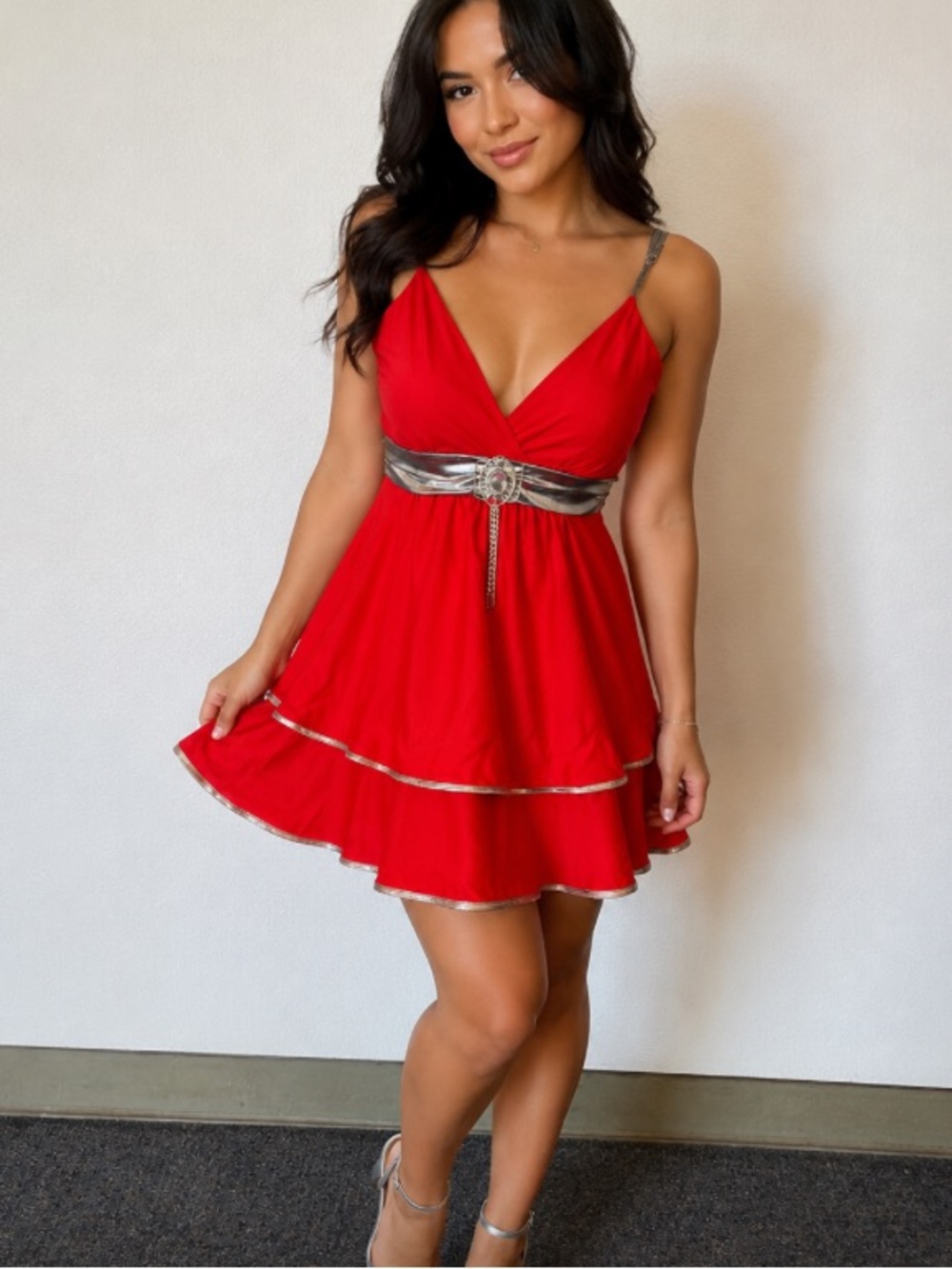 Womens Elegant Sexy Red Silver Lingerie Babydoll Dress adjust straps silver trim